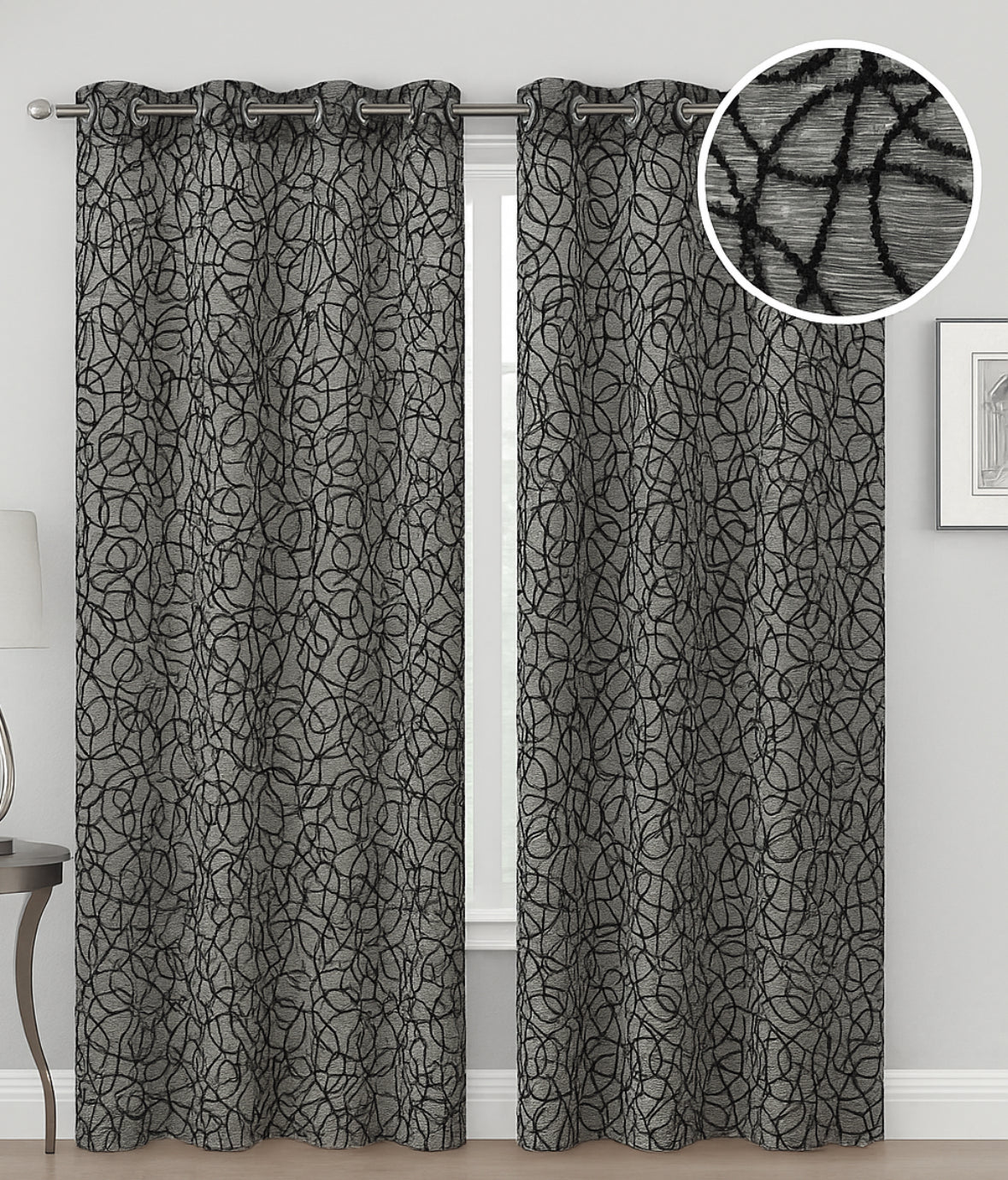 Sydney Black Sheer Curtain with Embroidery